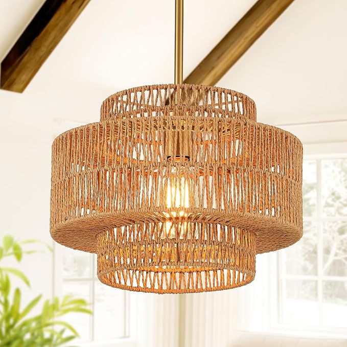 YOMECOO 12.6" 3-Tier Boho Rattan 1-Light Pendant Chandelier, Gold