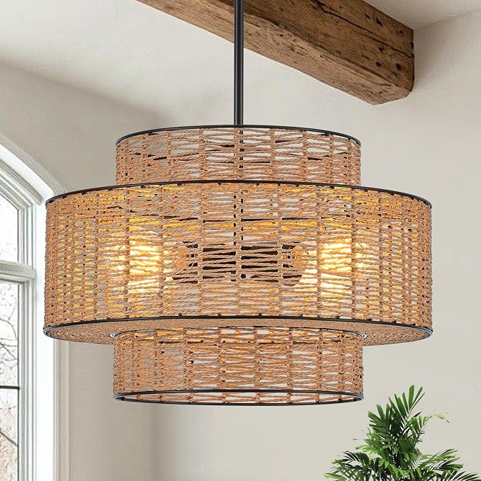 YOMECOO 17.7" 3-Tier Boho Rattan 4-Light Drum Chandelier, Black
