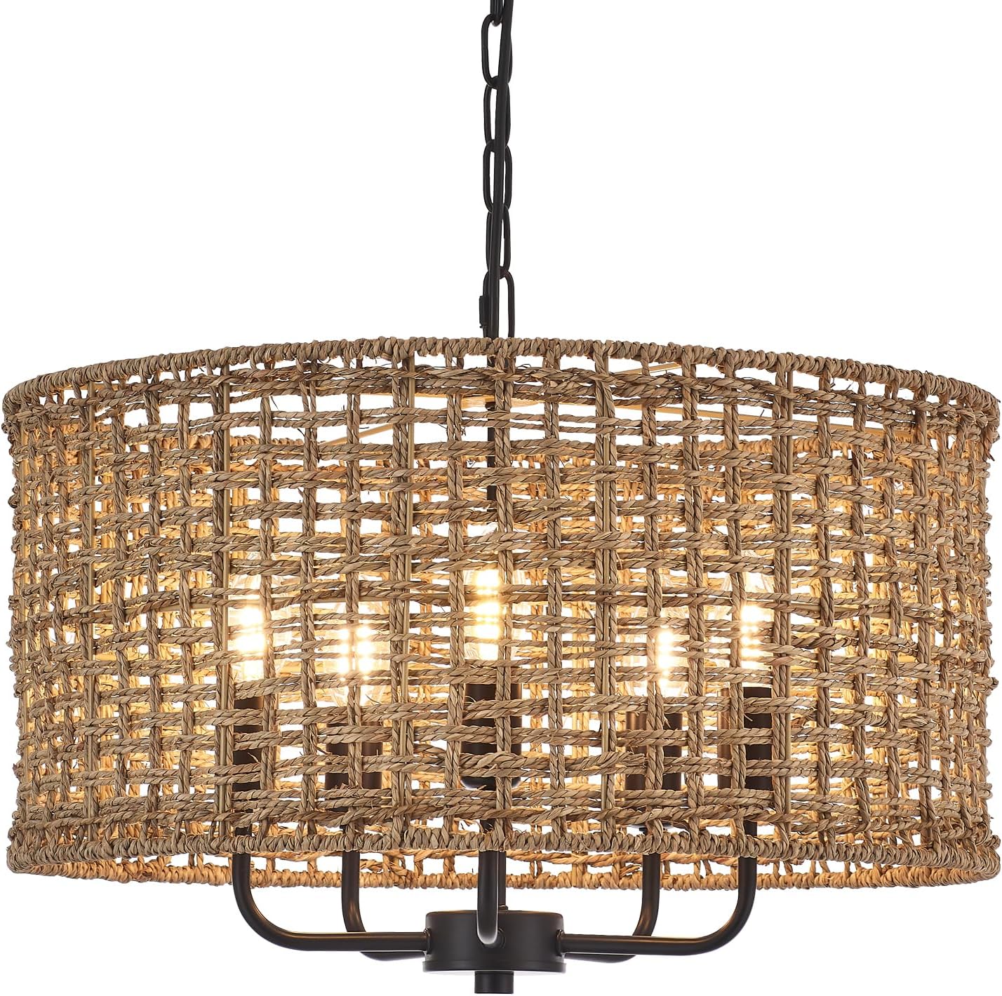 YOMECOO 19.7" Boho Rattan 5-Light Drum Chandelier, Black