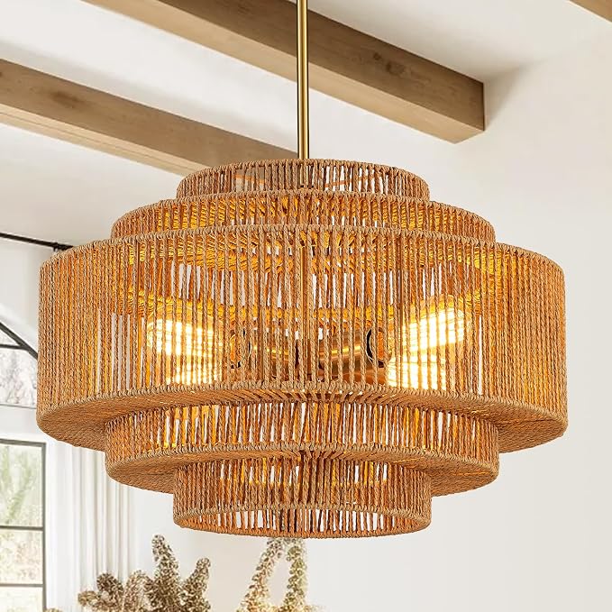 YOMECOO 19.7" Boho 5-Tier Rattan 4-Light Drum Chandelier, Gold