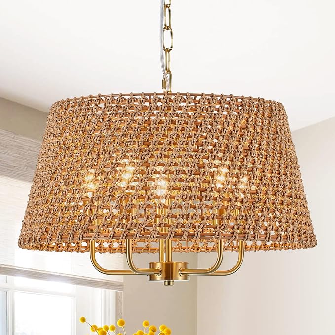 YOMECOO 19.7" Boho Rattan & Bamboo 5-Light Drum Chandelier, Golden