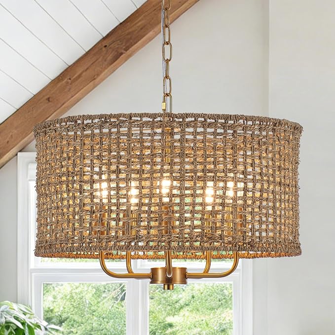 YOMECOO 19.7" Boho Rattan 5-Light Drum Chandelier, Gold