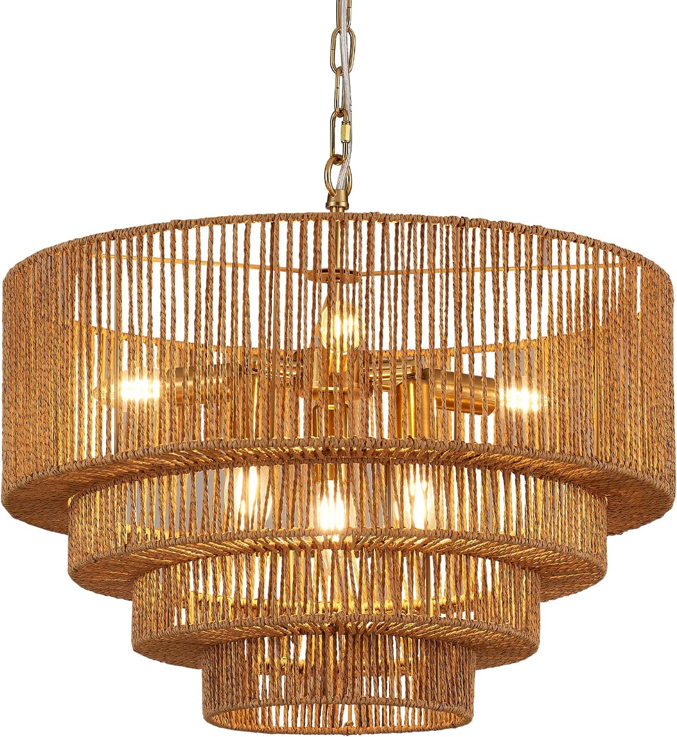 YOMECOO 19.7" 4-Tier Boho Rattan 6-Light Drum Chandelier, Golden
