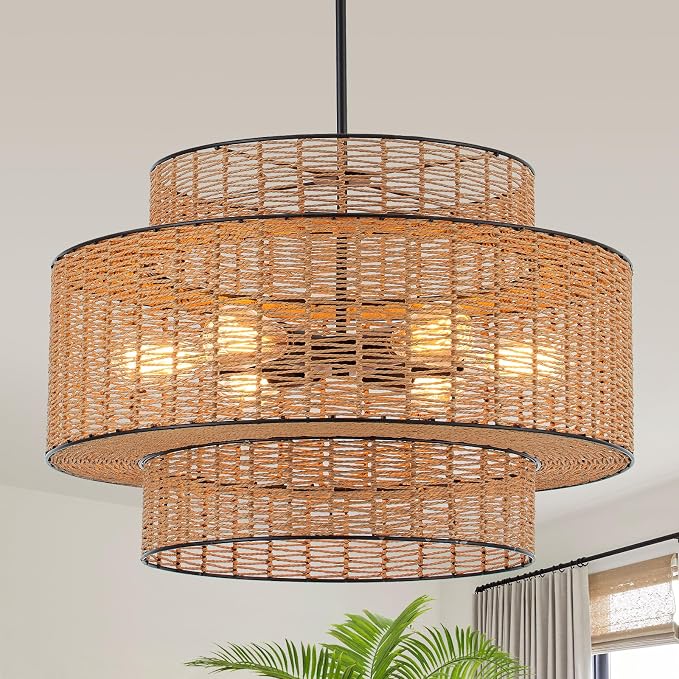 YOMECOO 23.6" Large 3-Tier Boho Rattan 6-Light Drum Chandelier, Black