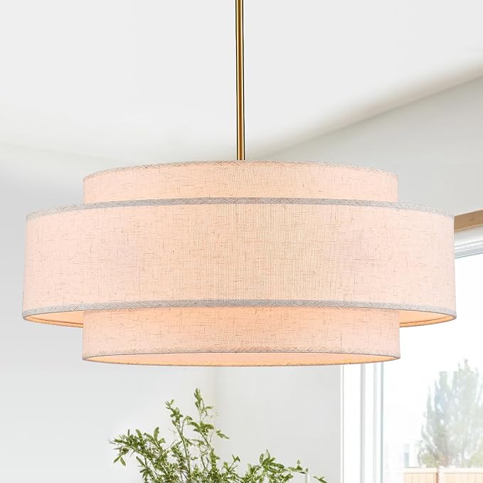 YOMECOO 23.6" Modern 3-Tier Linen 6-Light Drum Chandelier, Golden