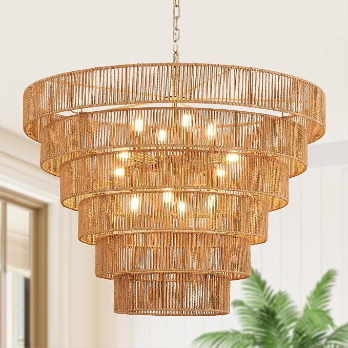 YOMECOO 31.5" Large 6-Tier Boho Rattan 12-Light Chandelier, Gold