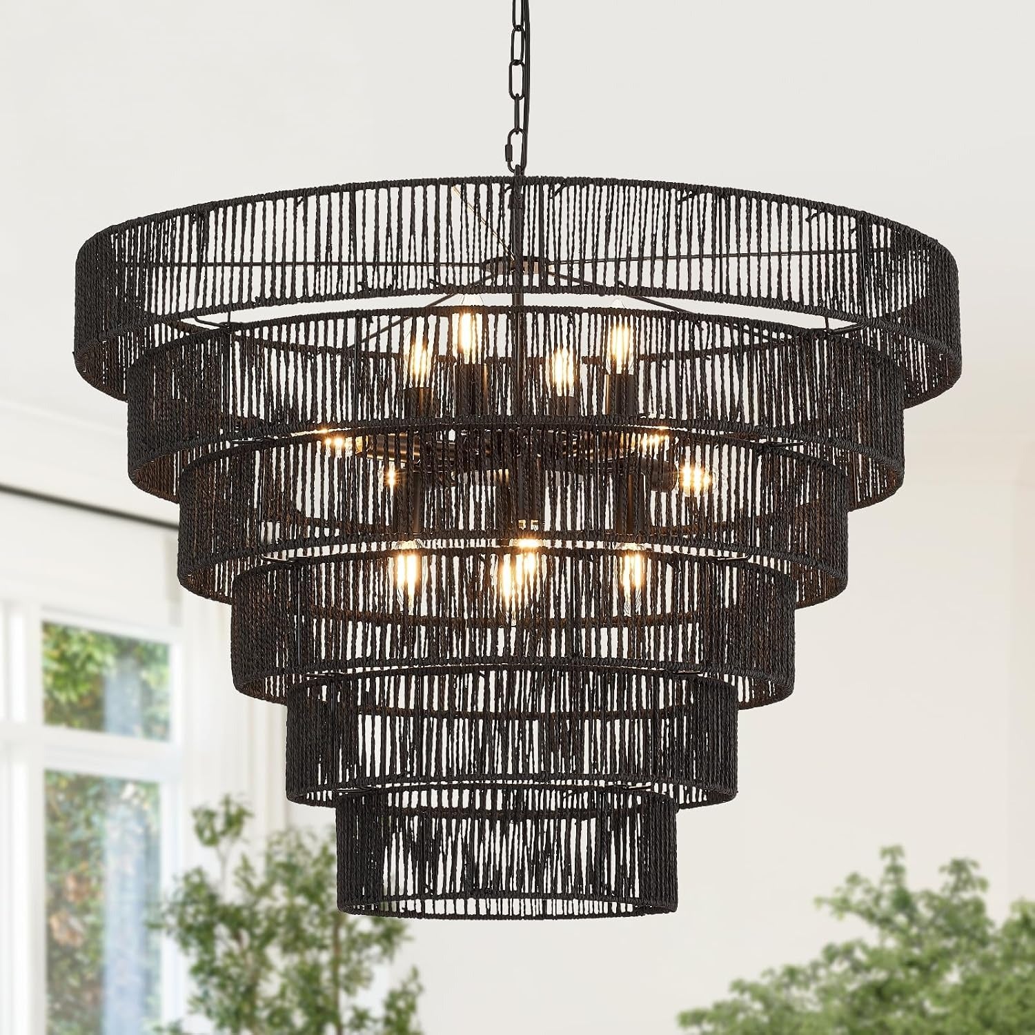 YOMECOO 31.5" Large 6-Tier Boho Rattan 12-Light Chandelier, Black