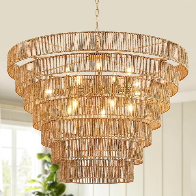 YOMECOO 39.4" Large 7-Tier Boho Rattan 15-Light Chandelier, Gold