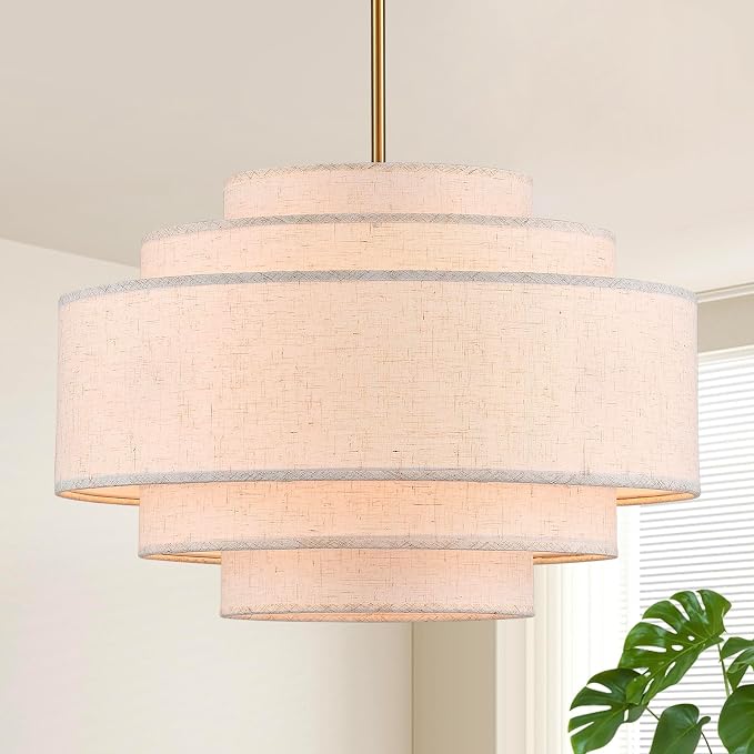 YOMECOO 19.7" Modern Farmhouse 5-Tier Linen 4-Light Drum Chandelier, Gold