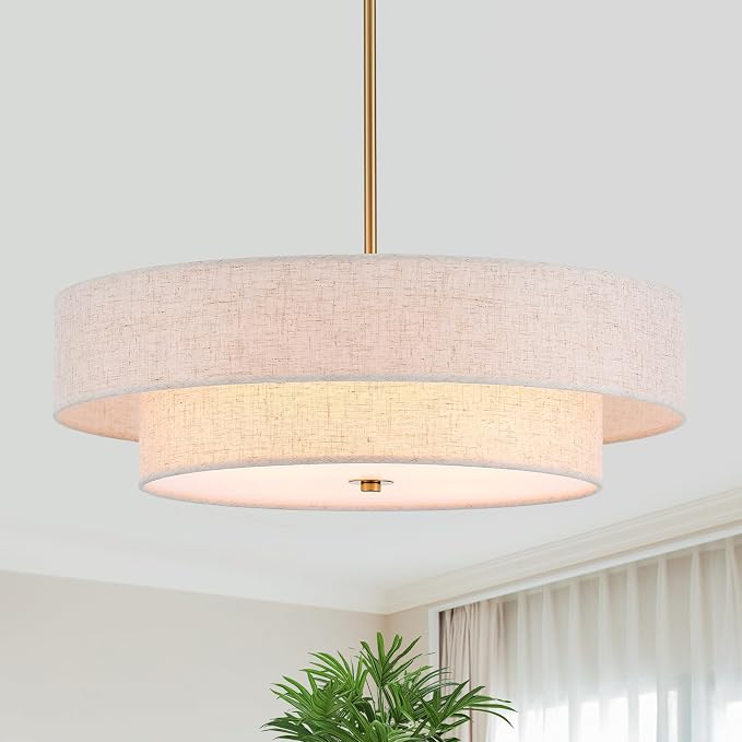 YOMECOO 21.65" Modern 2-Layer Linen 4-Light Drum Chandelier, Gold